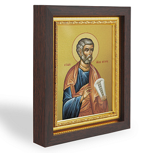 Икона апостола Петра, в узком багете, цвет "темный дуб", на холсте, с золочением (14,3х17,4 см (под икону А7))