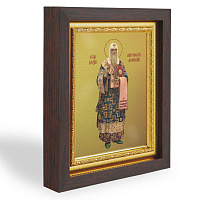 Икона Алексия, митрополита Московского, святителя, в узком багете, цвет "темный дуб", на холсте, с золочением
