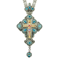 Крест наперсный серебряный, голубые фианиты, высота 13 см