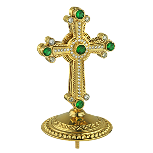 Крест на митру №6, из ювелирного сплава в позолоте с камнями (зеленые фианиты)