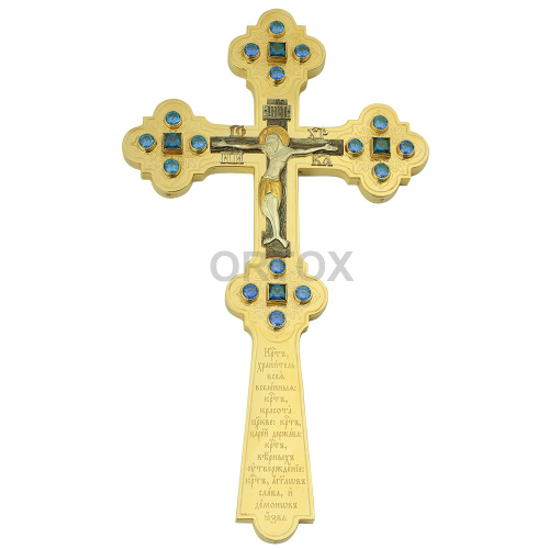 Крест напрестольный из ювелирного сплава в позолоте, фианиты, 17,5х31 см фото 2