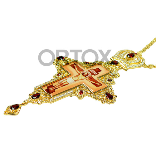 Крест наперсный из ювелирного сплава с цепью, позолота, красные и белые камни, 10х18,5 см фото 3