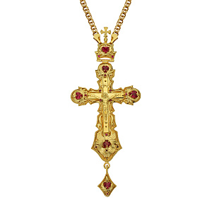 Крест наперсный "Наградной" латунный в позолоте с цепью, фианиты, 6,5х15 см (красные фианиты)