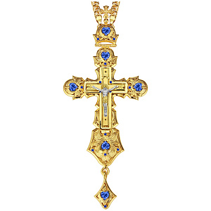 Крест наперсный из ювелирного сплава, позолота, серебрение, синие камни, 6,5х15 см (без цепи)