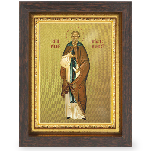 Икона преподобного Трифона Печенгского, в узком багете, цвет "темный дуб", на холсте, с золочением  фото 2
