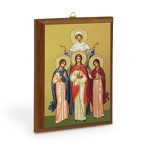 Икона святых мучениц Веры, Надежды, Любови и матери их Софии на деревянной основе, цвет "кипарис", на холсте с золочением (9х12 см (под икону А7))