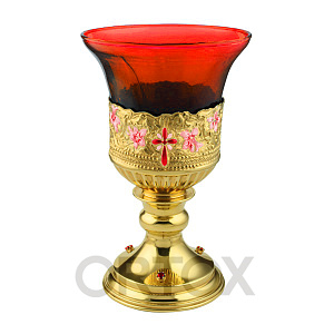 Лампада из ювелирного сплава "Цветы" в позолоте с камнями (красный стаканчик)