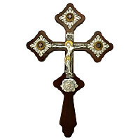 Крест напрестольный из ювелирного сплава в серебрении на дереве, фианиты