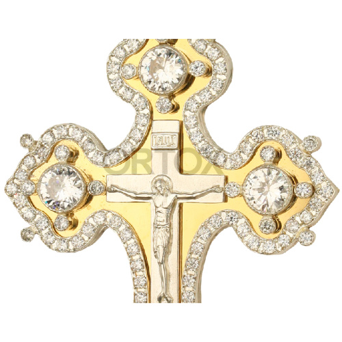 Крест наперсный из ювелирного сплава с фрагментальной позолотой, белые фианиты, высота 15 см фото 2