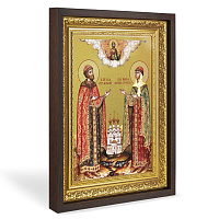 Икона благоверных князей Петра и Февронии Муромских, в широком багете, цвет "темный дуб", на холсте, с золочением