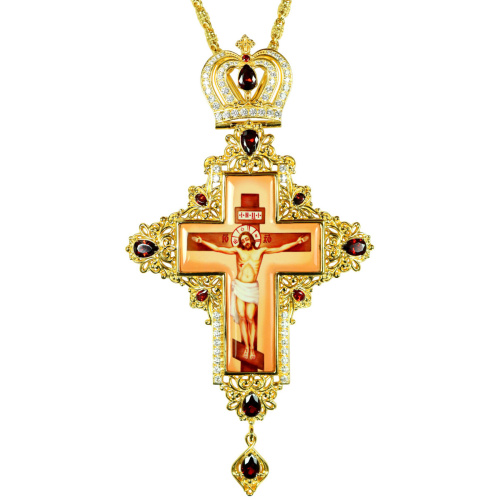 Крест наперсный из ювелирного сплава с цепью, позолота, красные и белые камни, 10х18,5 см
