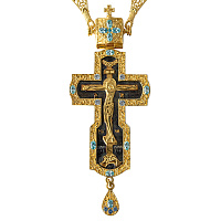 Крест наперсный из ювелирного сплава с цепью в позолоте, бирюзовые камни, 6х15 см