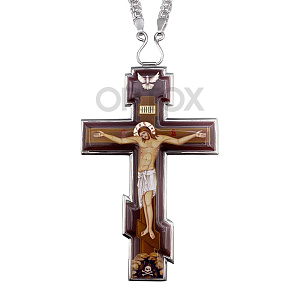 Крест наперсный из ювелирного сплава в серебрении, с цепью, 7х12 см (темный фон)
