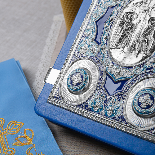 Апостол синий, оклад "под серебро", кожа, эмаль, 23х30 см фото 8