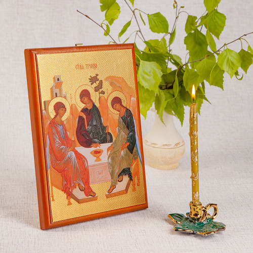 Икона Святой Троицы, на дереве, цвет "кипарис", на холсте, с золочением фото 3