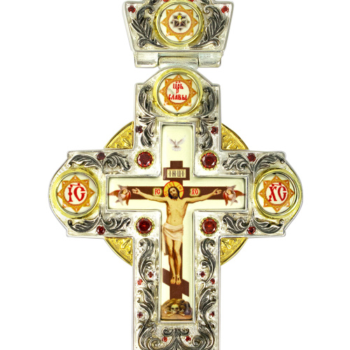 Крест наперсный из ювелирного сплава с украшениями, красные камни, 7х15 см фото 3