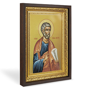 Икона апостола Петра, в широком багете, цвет "темный дуб", на холсте, с золочением (33,5х42,2 см (под икону А4))