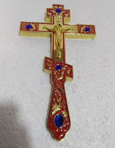 Крест напрестольный, красная эмаль, синие камни, 14,5х26 см, У-0941 фото 2