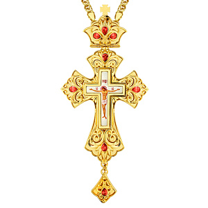 Крест наперсный из ювелирного сплава в позолоте с фианитами, 7х14 см (с цепью, белые фианиты)
