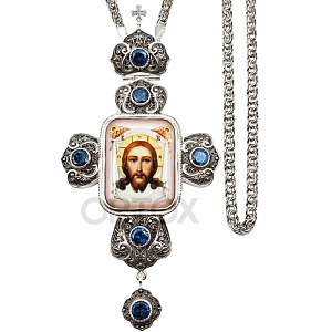 Крест наперсный латунный, серебрение, фианиты, с цепью, 8х15 см (голубые камни)