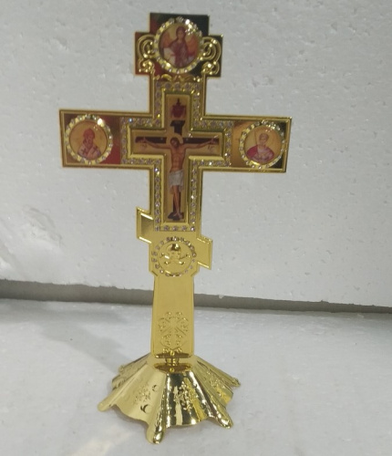 Крест настольный из цинкового сплава, белые камни, цвет "под золото", 10х18,6 см, У-1125 фото 2