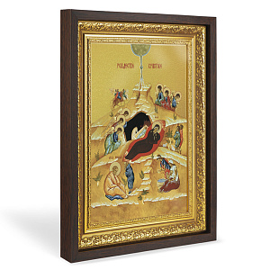 Икона Рождества Христова, в широком багете, цвет "темный дуб", на холсте, с золочением (42,2х54,5 см (под икону А3))
