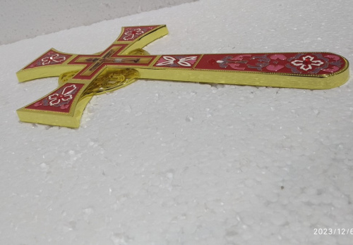 Крест требный четырехконечный, цинковый сплав, красная эмаль, камни, 17х29 см, У-0970 фото 4