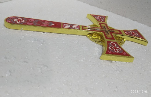 Крест требный четырехконечный, цинковый сплав, красная эмаль, камни, 17х29 см, У-0970 фото 5