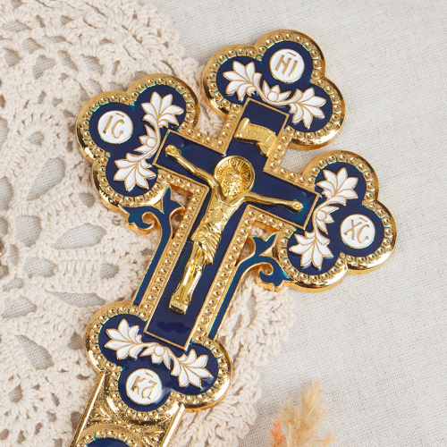 Крест требный, цинковый сплав, синяя и белая эмаль, 10х22,5 см фото 7