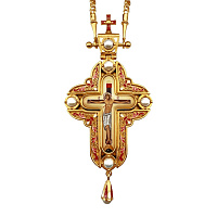 Крест наперсный из ювелирного сплава в позолоте с эмалью, с цепью, 6,9х15 см