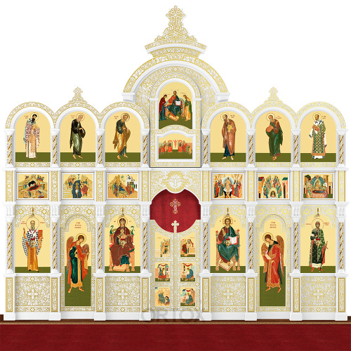 Иконостас "Владимирский" трехъярусный белый с золотом (патина), 690х620х40 см фото 3