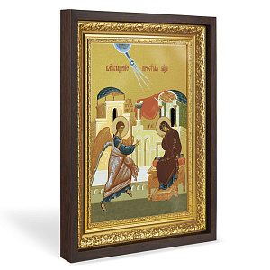 Икона Благовещения Пресвятой Богородицы, в широком багете, цвет "темный дуб", на холсте, с золочением (33,5х42,2 см (под икону А4))