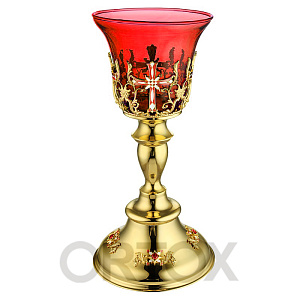 Лампада настольная из ювелирного сплава в позолоте с камнями, 12,5х22 см (красный стаканчик)
