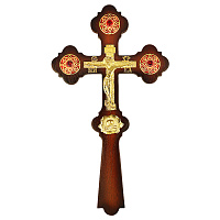 Крест напрестольный из ювелирного сплава в позолоте на дереве, фианиты, эмаль