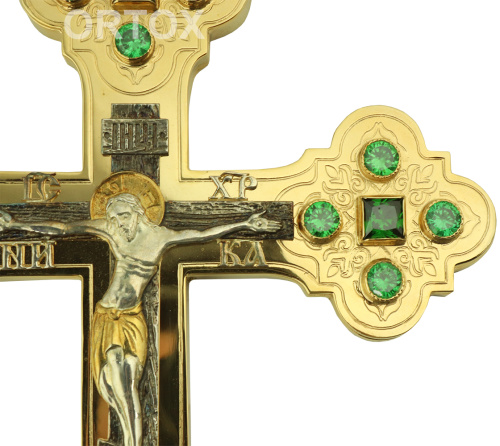 Крест напрестольный из ювелирного сплава в позолоте, фианиты, 17,5х31 см фото 5