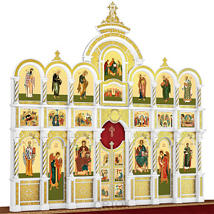 Иконостас "Владимирский" трехъярусный белый с золотом (поталь), 690х620х40 см (ясень)
