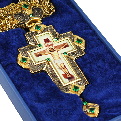 Крест наперсный латунный в позолоте с цепью, деколь, фианиты, 7,4х15,8 см фото 4