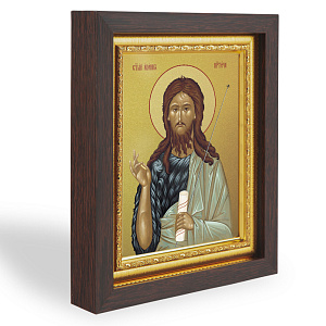 Икона Иоанна Крестителя, в узком багете, цвет "темный дуб", на холсте, с золочением (14,3х17,4 см (под икону А7))