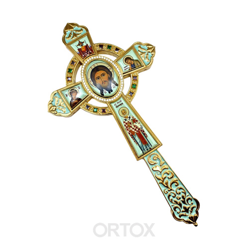 Крест напрестольный латунный в позолоте с эмалью и фианитами, 16,7х31,5 см фото 2