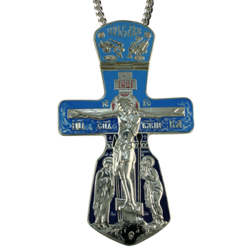Крест наперсный "Голгофа" серебряный с эмалью и цепью, высота 14 см