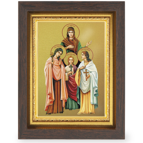 Икона святых мучениц Веры, Надежды, Любови и матери их Софии, в узком багете, цвет "темный дуб", на холсте, с золочением фото 2