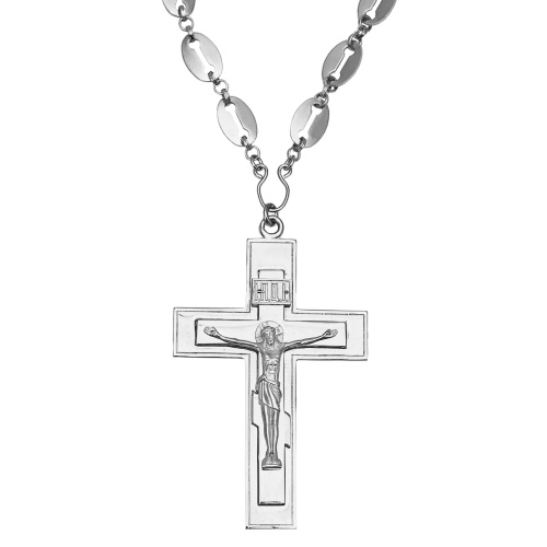 Крест наперсный латунный в серебрении с цепью, литье, 7,5х12 см фото 2