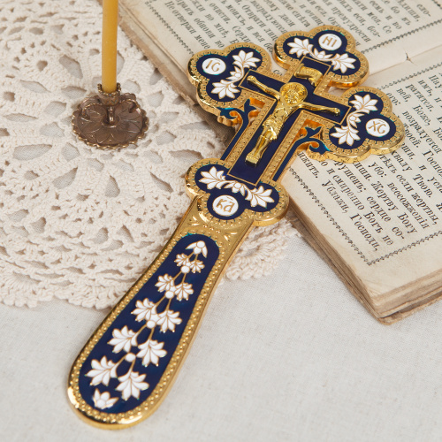 Крест требный, цинковый сплав, синяя и белая эмаль, 10х22,5 см фото 6