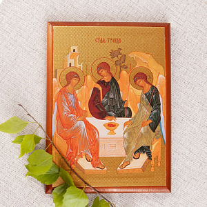 Икона Святой Троицы, на дереве, цвет "кипарис", на холсте, с золочением (16х22,5 см (под икону А5))