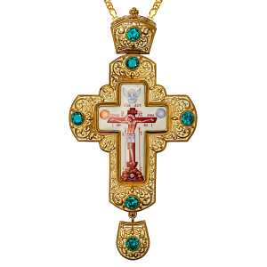 Крест наперсный из ювелирного сплава в позолоте с цепью, голубые фианиты (вес 228 г)