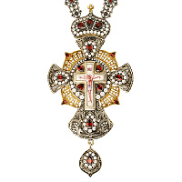 Крест наперсный серебряный, с цепью, позолота, красные и белые фианиты, высота 18 см