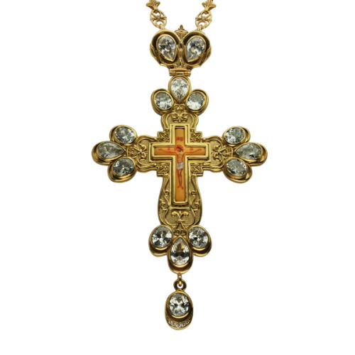 Крест наперсный серебряный, с цепью, позолота, белые фианиты, высота 18 см