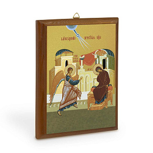 Икона Благовещения Пресвятой Богородицы на деревянной основе, цвет "кипарис", на холсте с золочением (9х12 см (под икону А7))