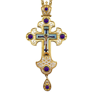 Крест наперсный латунный в позолоте и серебрении с цепью, фианиты, 7,5х16 см (фиолетовые фианиты)