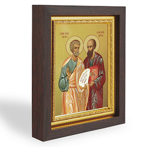 Икона святых апостолов Петра и Павла, в узком багете, цвет "темный дуб", на холсте, с золочением (14,3х17,4 см (под икону А7))